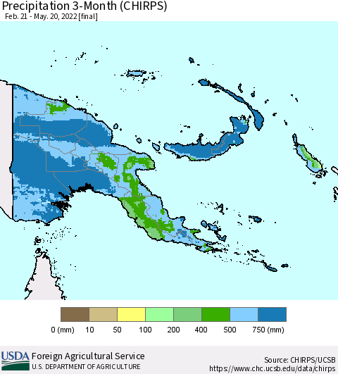 Papua New Guinea Precipitation 3-Month (CHIRPS) Thematic Map For 2/21/2022 - 5/20/2022