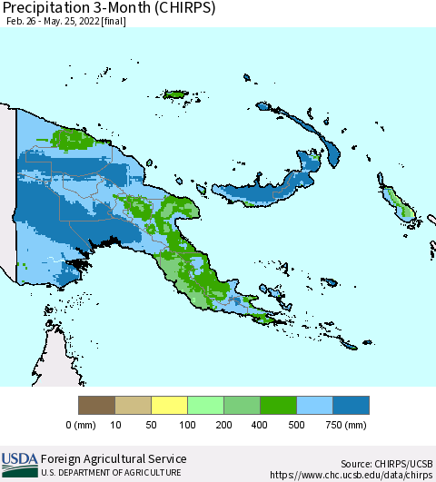 Papua New Guinea Precipitation 3-Month (CHIRPS) Thematic Map For 2/26/2022 - 5/25/2022