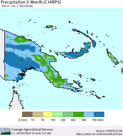 Papua New Guinea Precipitation 3-Month (CHIRPS) Thematic Map For 3/6/2022 - 6/5/2022