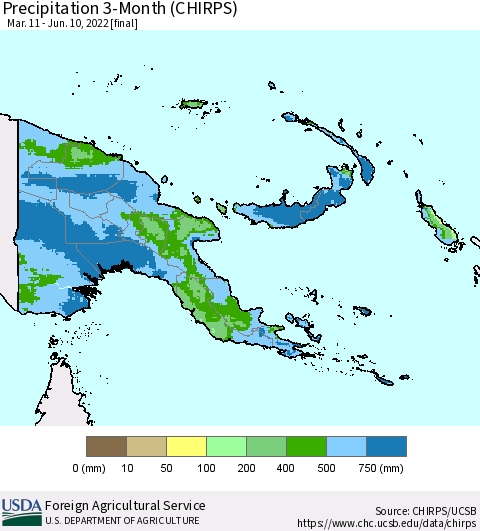 Papua New Guinea Precipitation 3-Month (CHIRPS) Thematic Map For 3/11/2022 - 6/10/2022