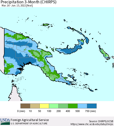 Papua New Guinea Precipitation 3-Month (CHIRPS) Thematic Map For 3/16/2022 - 6/15/2022