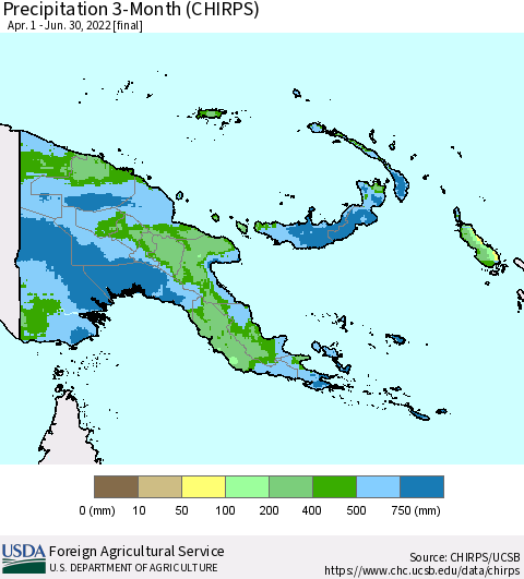 Papua New Guinea Precipitation 3-Month (CHIRPS) Thematic Map For 4/1/2022 - 6/30/2022