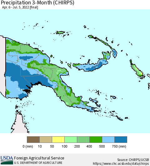 Papua New Guinea Precipitation 3-Month (CHIRPS) Thematic Map For 4/6/2022 - 7/5/2022