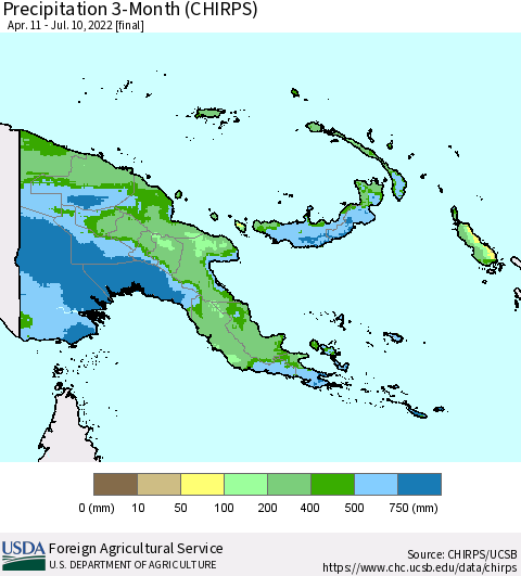 Papua New Guinea Precipitation 3-Month (CHIRPS) Thematic Map For 4/11/2022 - 7/10/2022