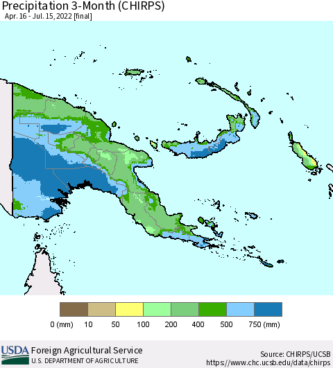 Papua New Guinea Precipitation 3-Month (CHIRPS) Thematic Map For 4/16/2022 - 7/15/2022