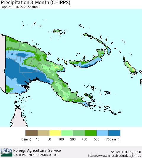 Papua New Guinea Precipitation 3-Month (CHIRPS) Thematic Map For 4/26/2022 - 7/25/2022