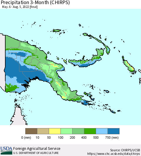 Papua New Guinea Precipitation 3-Month (CHIRPS) Thematic Map For 5/6/2022 - 8/5/2022