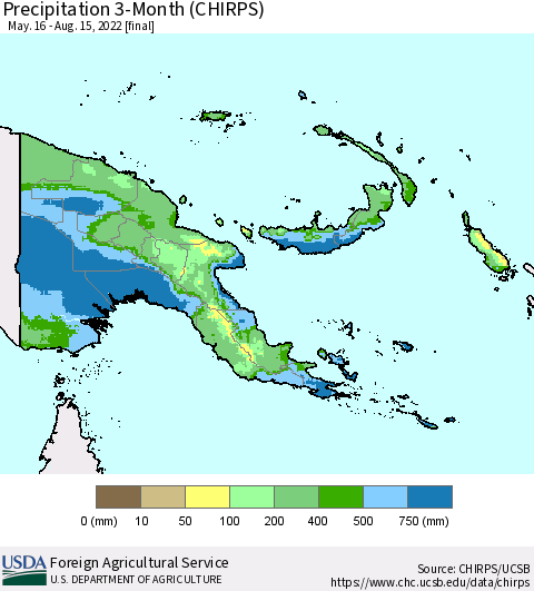 Papua New Guinea Precipitation 3-Month (CHIRPS) Thematic Map For 5/16/2022 - 8/15/2022