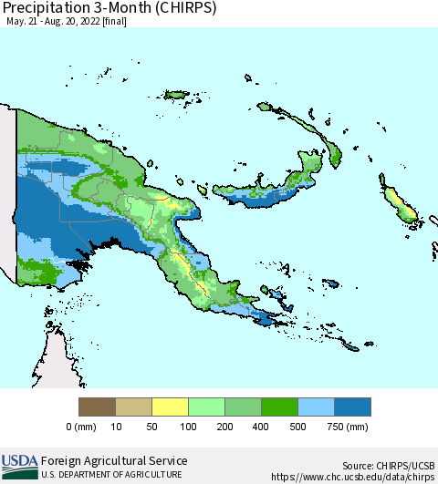 Papua New Guinea Precipitation 3-Month (CHIRPS) Thematic Map For 5/21/2022 - 8/20/2022