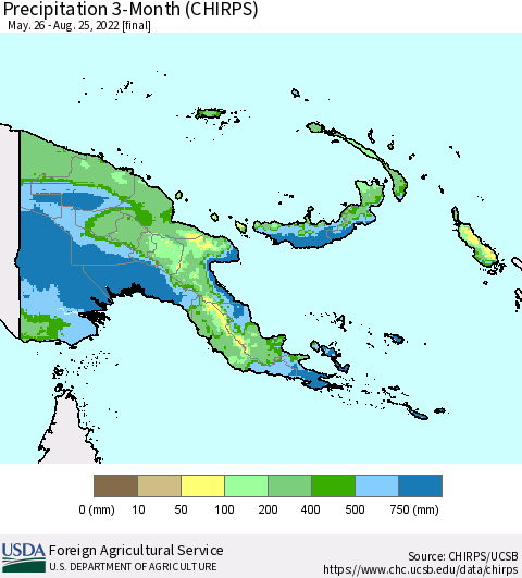 Papua New Guinea Precipitation 3-Month (CHIRPS) Thematic Map For 5/26/2022 - 8/25/2022