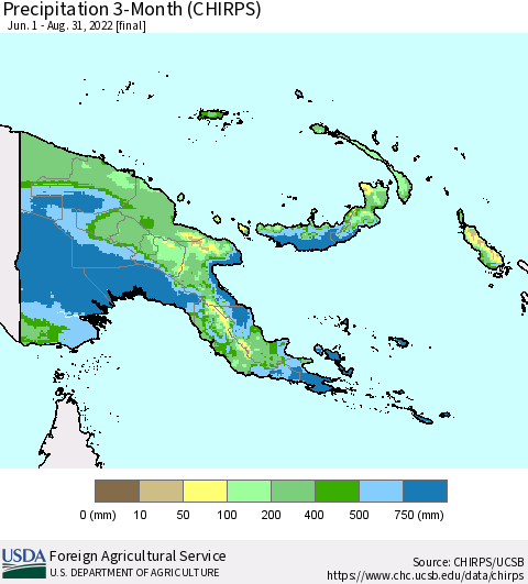 Papua New Guinea Precipitation 3-Month (CHIRPS) Thematic Map For 6/1/2022 - 8/31/2022