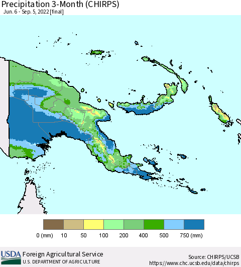 Papua New Guinea Precipitation 3-Month (CHIRPS) Thematic Map For 6/6/2022 - 9/5/2022