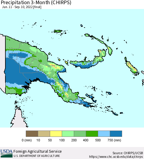 Papua New Guinea Precipitation 3-Month (CHIRPS) Thematic Map For 6/11/2022 - 9/10/2022