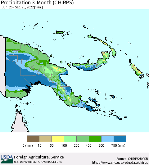 Papua New Guinea Precipitation 3-Month (CHIRPS) Thematic Map For 6/26/2022 - 9/25/2022