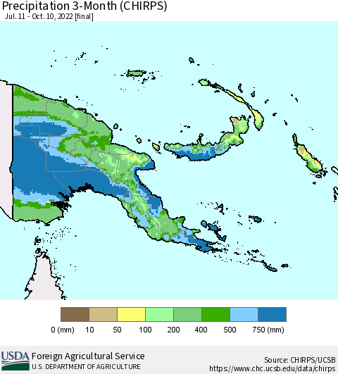 Papua New Guinea Precipitation 3-Month (CHIRPS) Thematic Map For 7/11/2022 - 10/10/2022