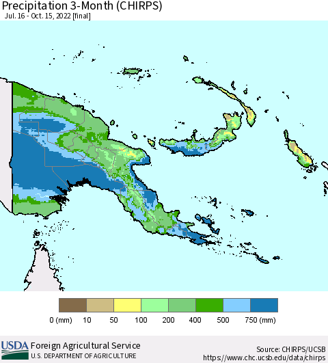 Papua New Guinea Precipitation 3-Month (CHIRPS) Thematic Map For 7/16/2022 - 10/15/2022