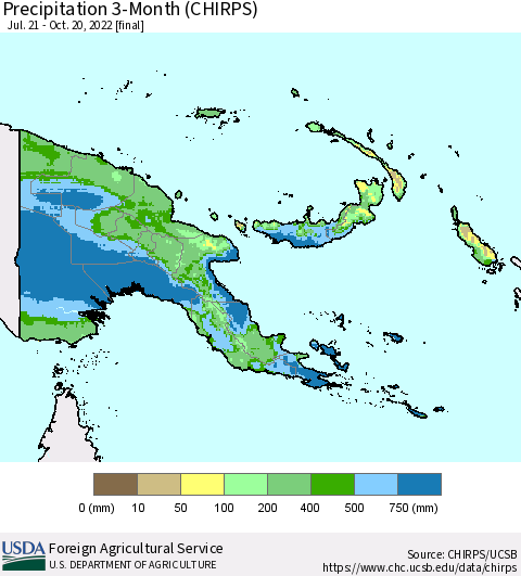 Papua New Guinea Precipitation 3-Month (CHIRPS) Thematic Map For 7/21/2022 - 10/20/2022