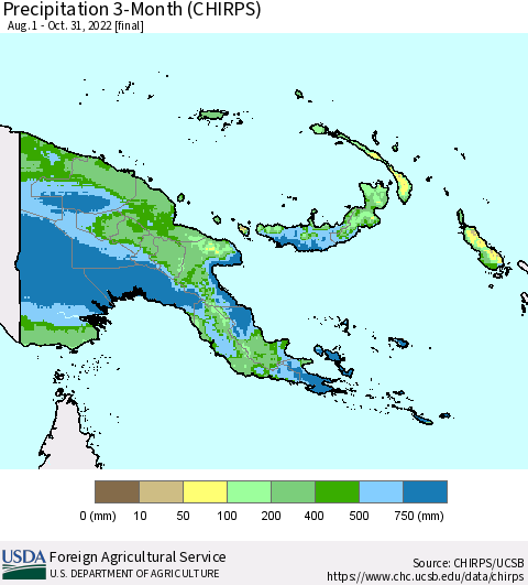 Papua New Guinea Precipitation 3-Month (CHIRPS) Thematic Map For 8/1/2022 - 10/31/2022