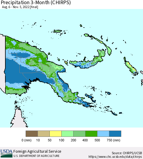 Papua New Guinea Precipitation 3-Month (CHIRPS) Thematic Map For 8/6/2022 - 11/5/2022