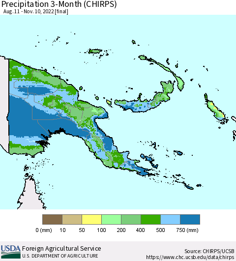 Papua New Guinea Precipitation 3-Month (CHIRPS) Thematic Map For 8/11/2022 - 11/10/2022