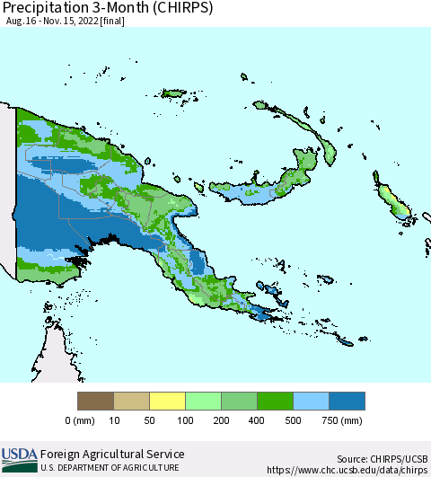 Papua New Guinea Precipitation 3-Month (CHIRPS) Thematic Map For 8/16/2022 - 11/15/2022
