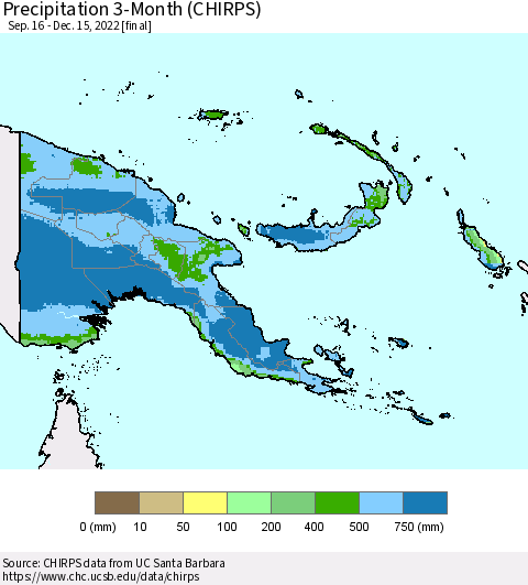 Papua New Guinea Precipitation 3-Month (CHIRPS) Thematic Map For 9/16/2022 - 12/15/2022