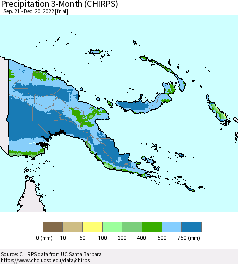 Papua New Guinea Precipitation 3-Month (CHIRPS) Thematic Map For 9/21/2022 - 12/20/2022