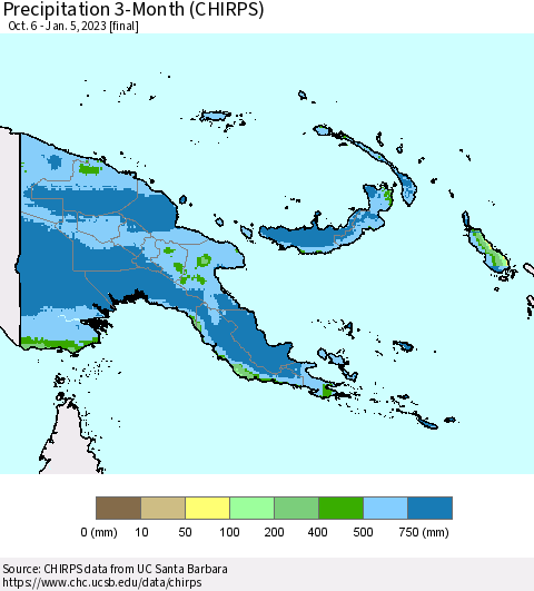 Papua New Guinea Precipitation 3-Month (CHIRPS) Thematic Map For 10/6/2022 - 1/5/2023