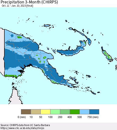 Papua New Guinea Precipitation 3-Month (CHIRPS) Thematic Map For 10/11/2022 - 1/10/2023