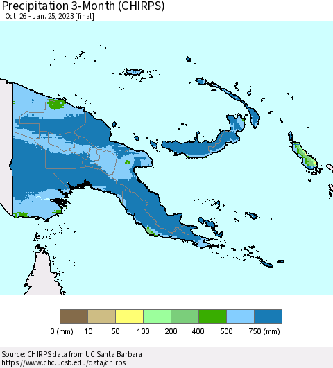 Papua New Guinea Precipitation 3-Month (CHIRPS) Thematic Map For 10/26/2022 - 1/25/2023