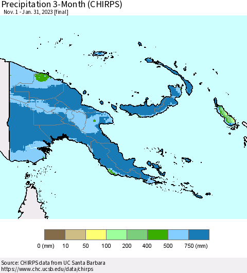 Papua New Guinea Precipitation 3-Month (CHIRPS) Thematic Map For 11/1/2022 - 1/31/2023