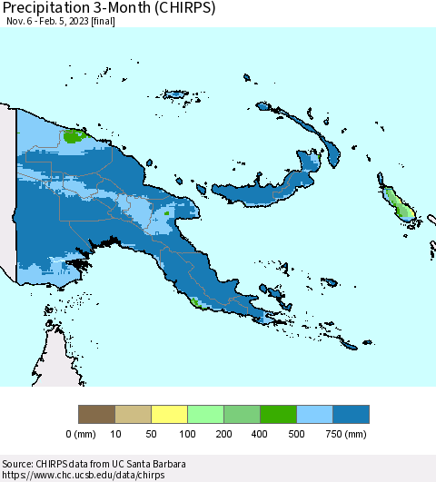 Papua New Guinea Precipitation 3-Month (CHIRPS) Thematic Map For 11/6/2022 - 2/5/2023