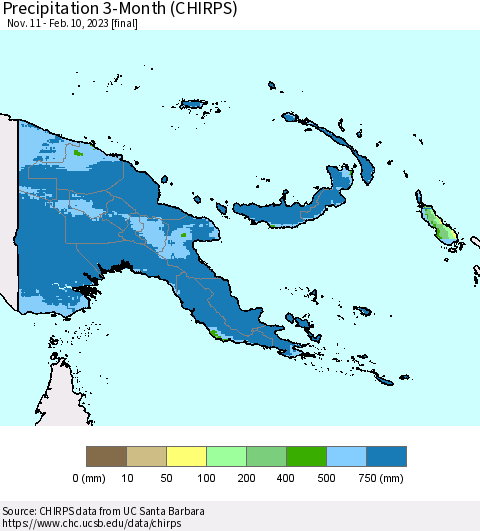 Papua New Guinea Precipitation 3-Month (CHIRPS) Thematic Map For 11/11/2022 - 2/10/2023