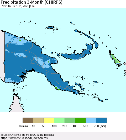 Papua New Guinea Precipitation 3-Month (CHIRPS) Thematic Map For 11/16/2022 - 2/15/2023