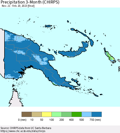 Papua New Guinea Precipitation 3-Month (CHIRPS) Thematic Map For 11/21/2022 - 2/20/2023