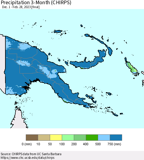 Papua New Guinea Precipitation 3-Month (CHIRPS) Thematic Map For 12/1/2022 - 2/28/2023