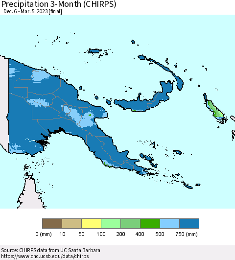 Papua New Guinea Precipitation 3-Month (CHIRPS) Thematic Map For 12/6/2022 - 3/5/2023