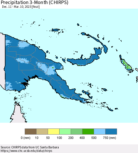 Papua New Guinea Precipitation 3-Month (CHIRPS) Thematic Map For 12/11/2022 - 3/10/2023