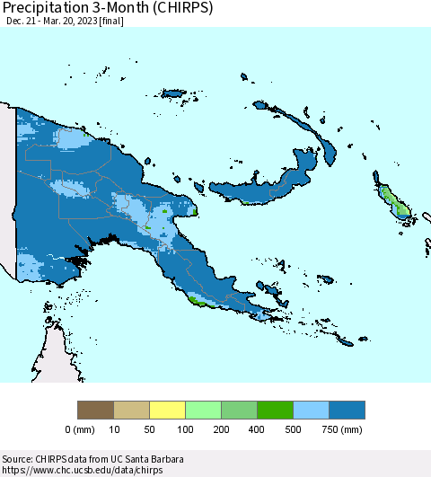 Papua New Guinea Precipitation 3-Month (CHIRPS) Thematic Map For 12/21/2022 - 3/20/2023