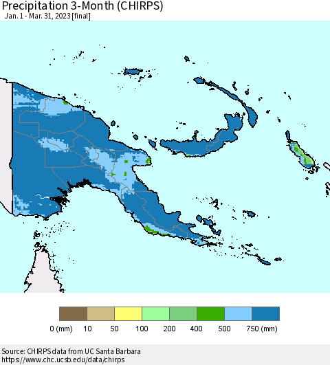 Papua New Guinea Precipitation 3-Month (CHIRPS) Thematic Map For 1/1/2023 - 3/31/2023