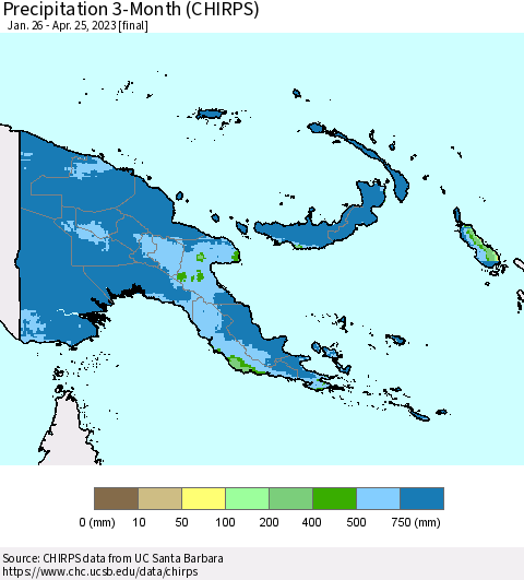 Papua New Guinea Precipitation 3-Month (CHIRPS) Thematic Map For 1/26/2023 - 4/25/2023
