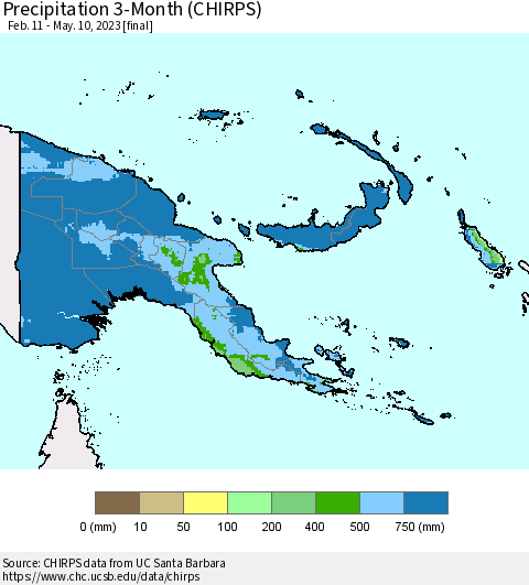 Papua New Guinea Precipitation 3-Month (CHIRPS) Thematic Map For 2/11/2023 - 5/10/2023