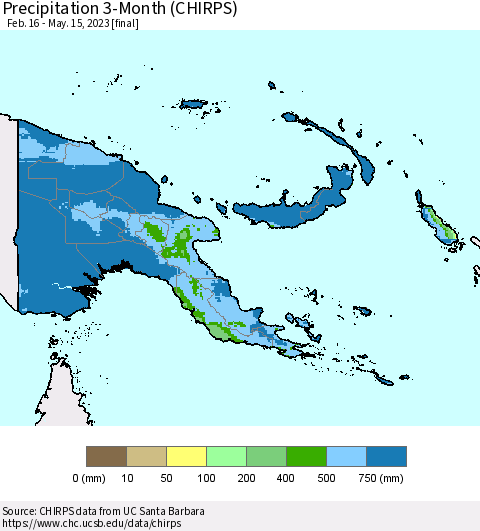Papua New Guinea Precipitation 3-Month (CHIRPS) Thematic Map For 2/16/2023 - 5/15/2023