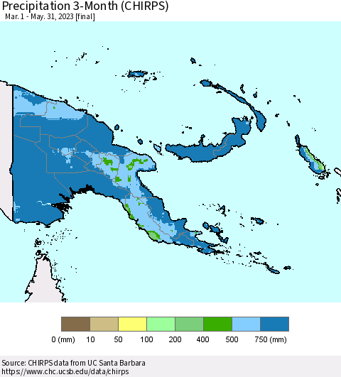 Papua New Guinea Precipitation 3-Month (CHIRPS) Thematic Map For 3/1/2023 - 5/31/2023