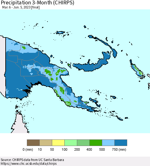Papua New Guinea Precipitation 3-Month (CHIRPS) Thematic Map For 3/6/2023 - 6/5/2023