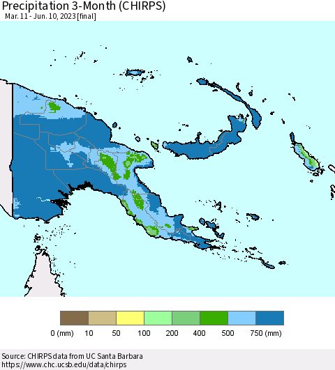 Papua New Guinea Precipitation 3-Month (CHIRPS) Thematic Map For 3/11/2023 - 6/10/2023