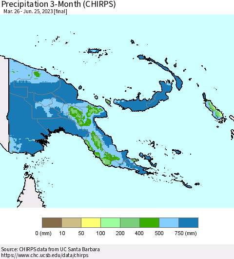 Papua New Guinea Precipitation 3-Month (CHIRPS) Thematic Map For 3/26/2023 - 6/25/2023