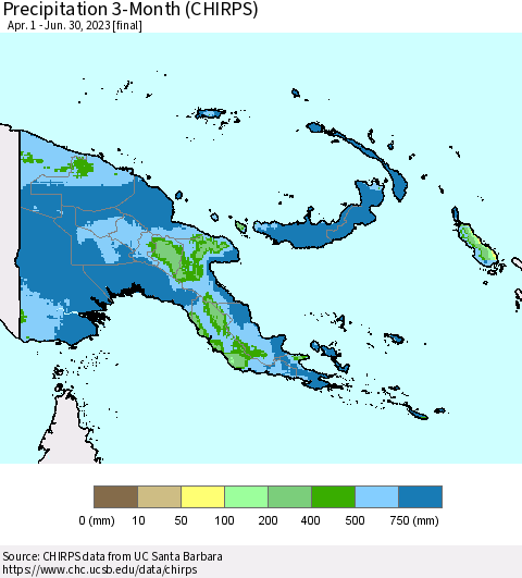 Papua New Guinea Precipitation 3-Month (CHIRPS) Thematic Map For 4/1/2023 - 6/30/2023