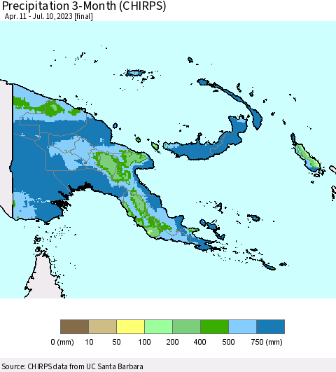 Papua New Guinea Precipitation 3-Month (CHIRPS) Thematic Map For 4/11/2023 - 7/10/2023
