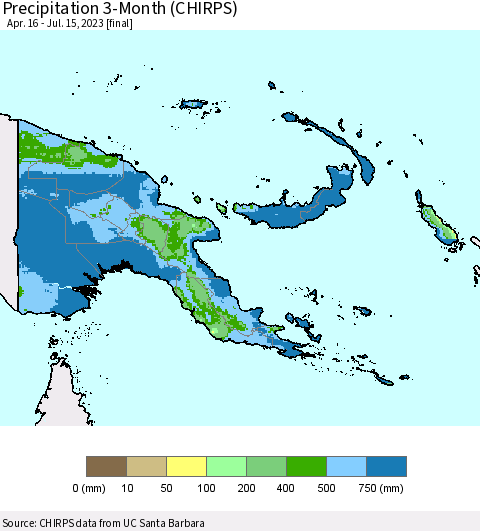 Papua New Guinea Precipitation 3-Month (CHIRPS) Thematic Map For 4/16/2023 - 7/15/2023